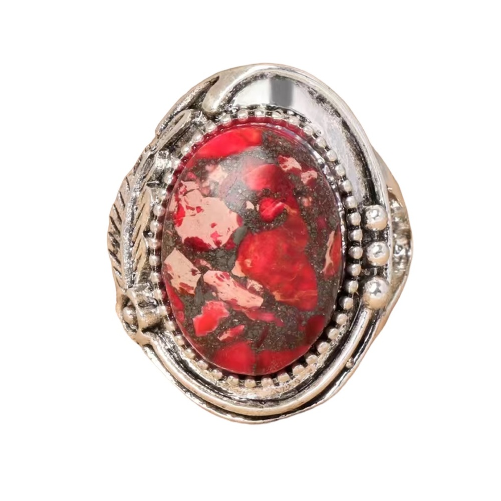 Silver Boho Style Ring with Red Center Stone